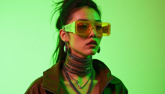 Gen-Z model wearing deconstructed multi-layered brown & green streetwear outfit, oversized neon yellow sunglasses, cybernetic jewelry.
