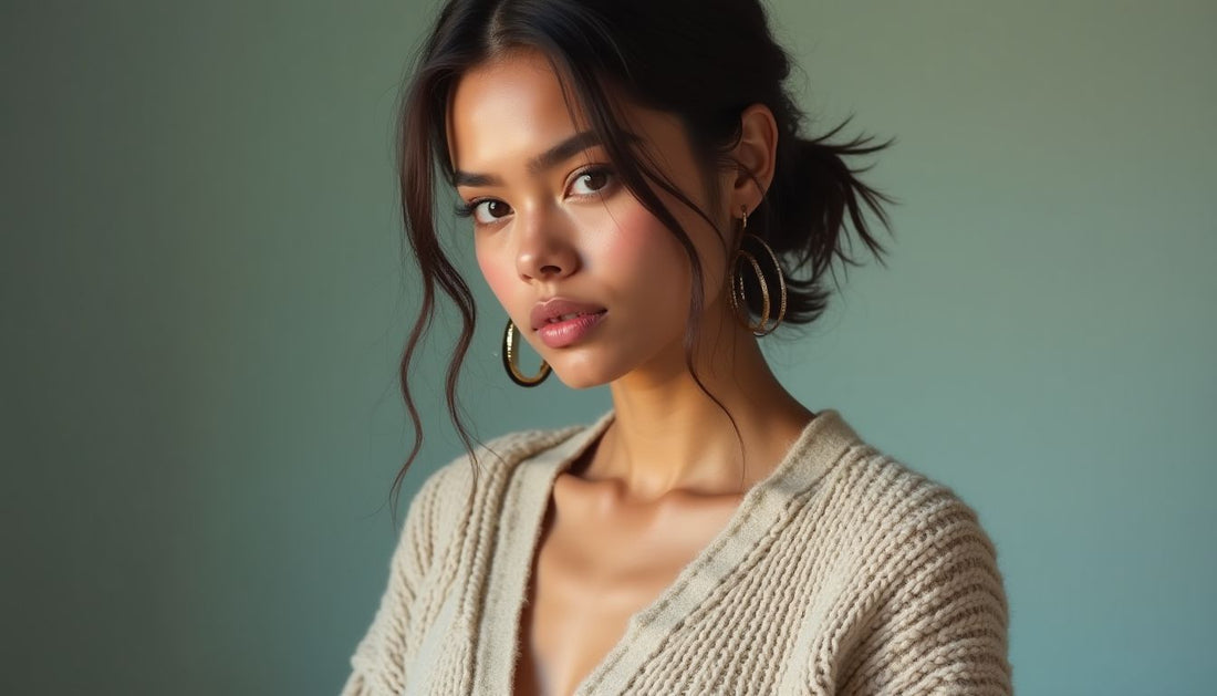 Oversized deconstructed knit sweater on Gen-Z model with exposed clavicle, bleached eyebrows.