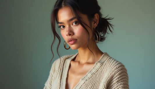 Oversized deconstructed knit sweater on Gen-Z model with exposed clavicle, bleached eyebrows.