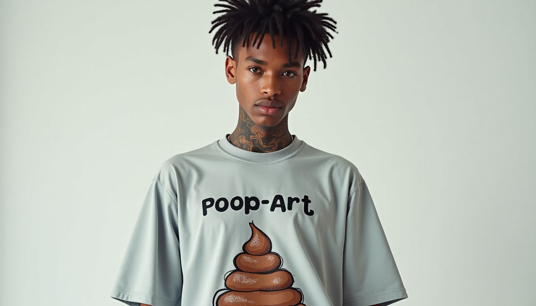 Androgynous model wearing oversized streetwear t-shirt with abstract 'Poop-Art' graphic and text. Funny fashion.