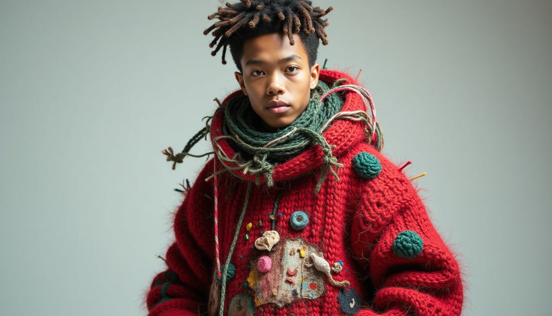 Gen-Z model wearing oversized deconstructed Christmas sweater with clashing textures, tangled yarn, abstract patterns, brain patches. Streetwear, funny fashion.