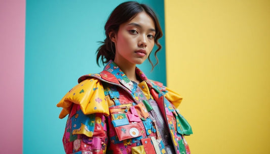Gen-Z model in a colorful deconstructed outfit made from repurposed plastic and tech waste materials.