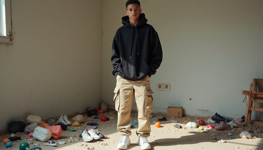 Gen-Z model wearing streetwear: oversized black hoodie, beige cargo pants, chunky white sneakers, amidst fast fashion waste.
