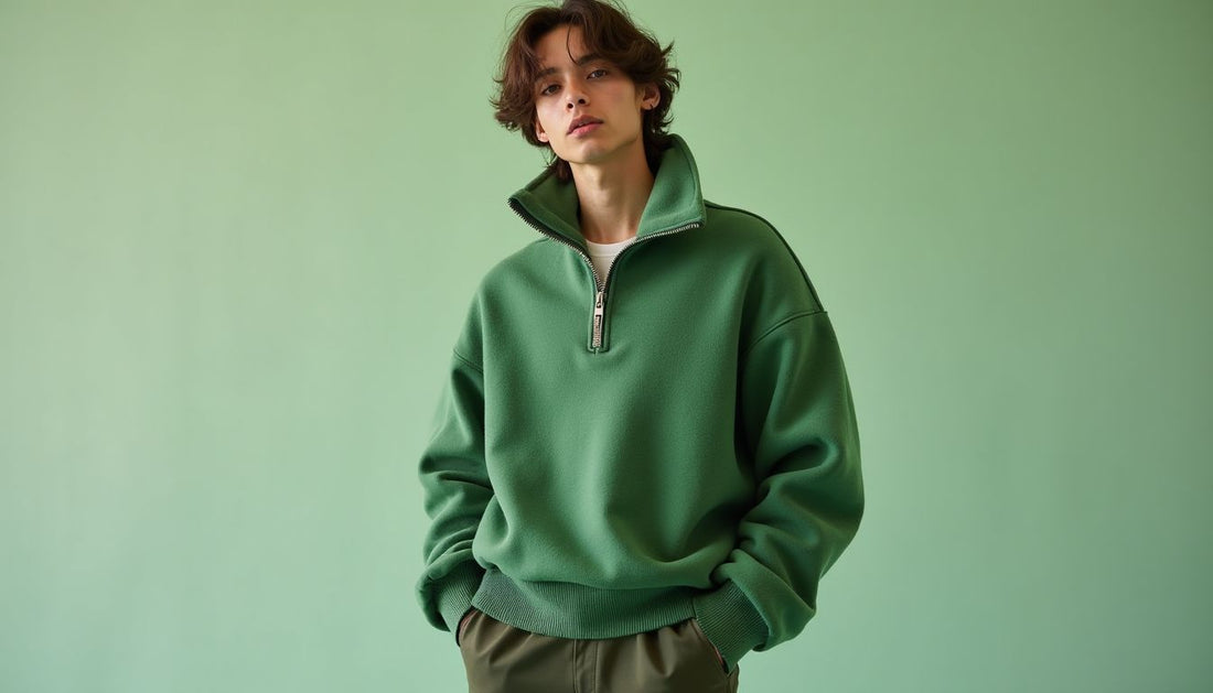 Gen-Z model in streetwear: oversized matcha-green quarter-zip sweater with raw edges, tailored trousers.