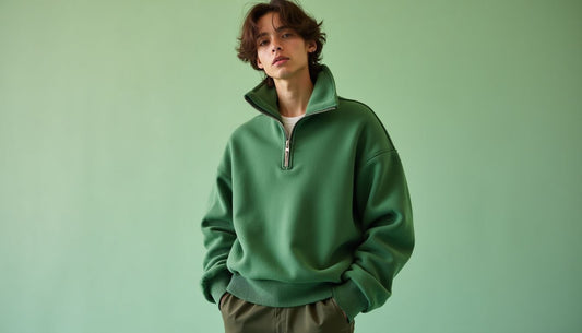Gen-Z model in streetwear: oversized matcha-green quarter-zip sweater with raw edges, tailored trousers.