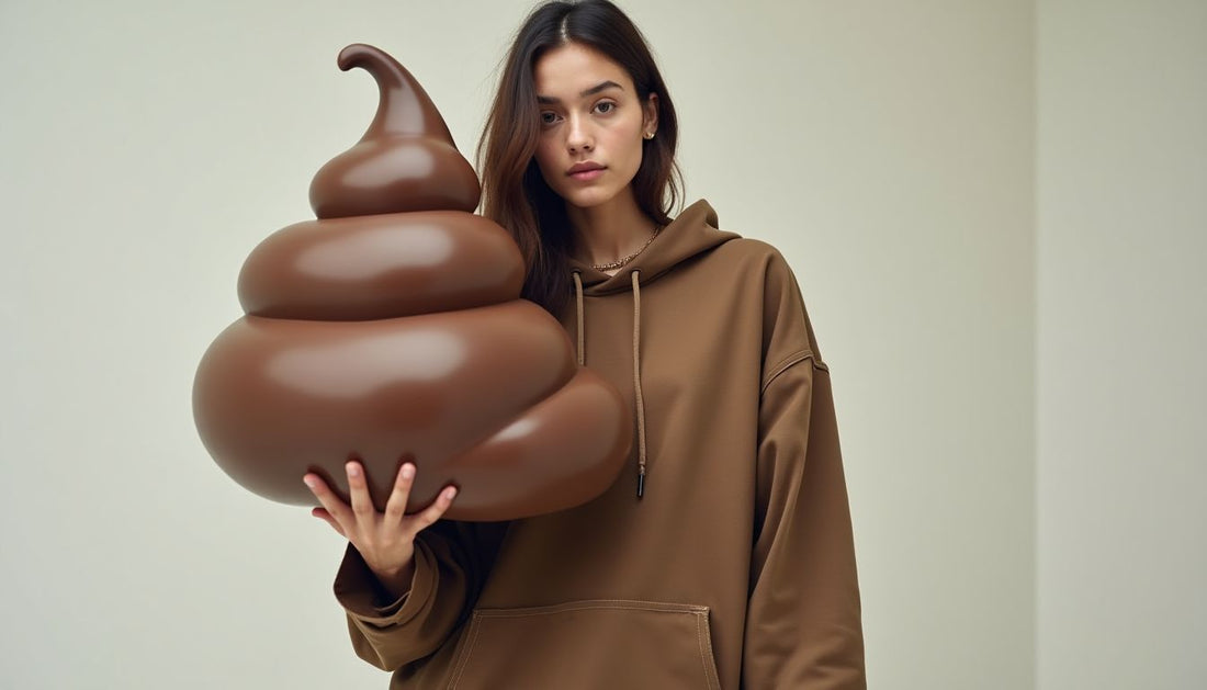 Gen-Z model in oversized streetwear holding a large artistic brown blob sculpture, Poop-Art fashion.