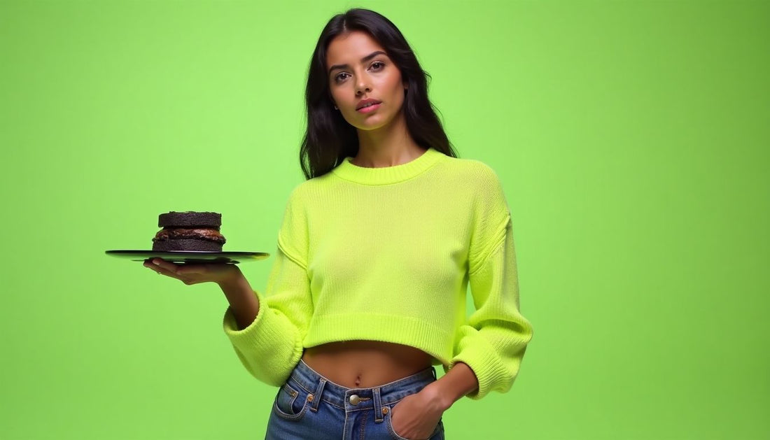 Model in oversized, ill-fitting neon green knit top holds black toast on plate. Funny fashion streetwear.