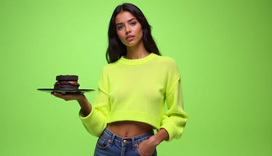 Model in oversized, ill-fitting neon green knit top holds black toast on plate. Funny fashion streetwear.
