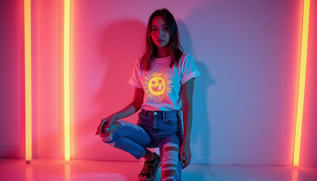 Gen-Z non-binary model in funny neon streetwear, pixel art tee, distressed denim, platform sandals, holding glitch art.