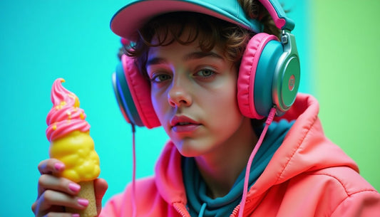 Gen-Z model in vibrant, mismatched streetwear, oversized gaming headset, holding melted neon ice cream. Funny fashion.
